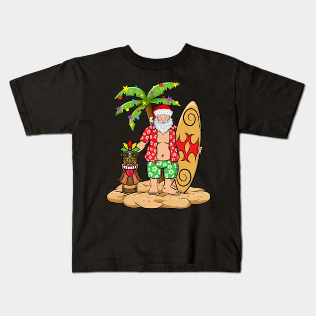 Hawaiian Christmas Santa with Surfboard and Tiki Kids T-Shirt by silentsoularts